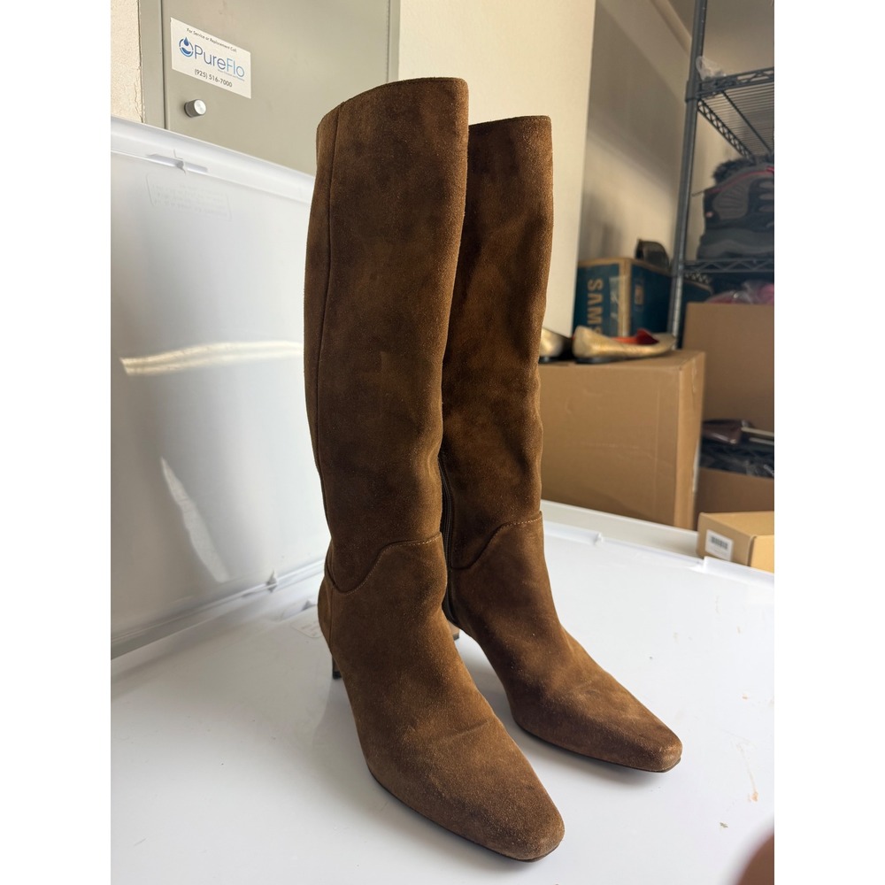 Vince Camuto Brown Suede Knee High Kitten Heel Boots Pointed Toe Side Zip - Picture 2 of 12